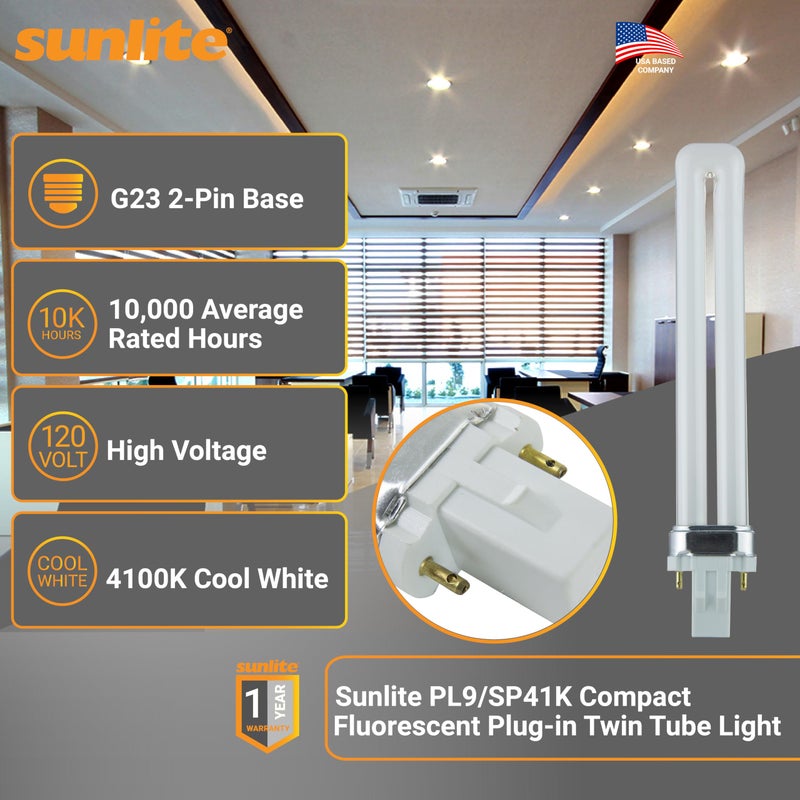 Sunlite PL9/SP41K/10PK 2-Pin Fluorescent 9W 4100K Cool White U Shaped PL CFL Twin Tube Plugin Light Bulbs with G23 Base (10 Pack) - Image 2